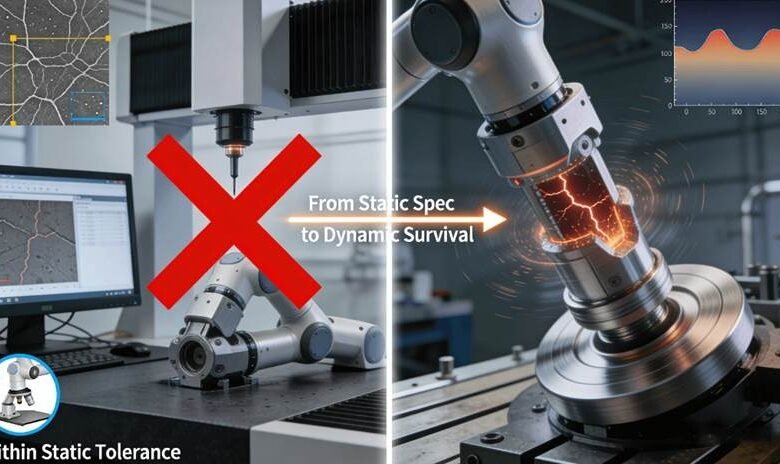 A split-image contrast: on the left, a CMM measures a static, "in-tolerance" robotic joint that harbors microscopic cracks; on the right, the same joint fails under simulated high-cycle dynamic loading. A red 'X' over the static test and an arrow to the dynamic scene illustrates the paradigm shift from static inspection to dynamic performance engineering.